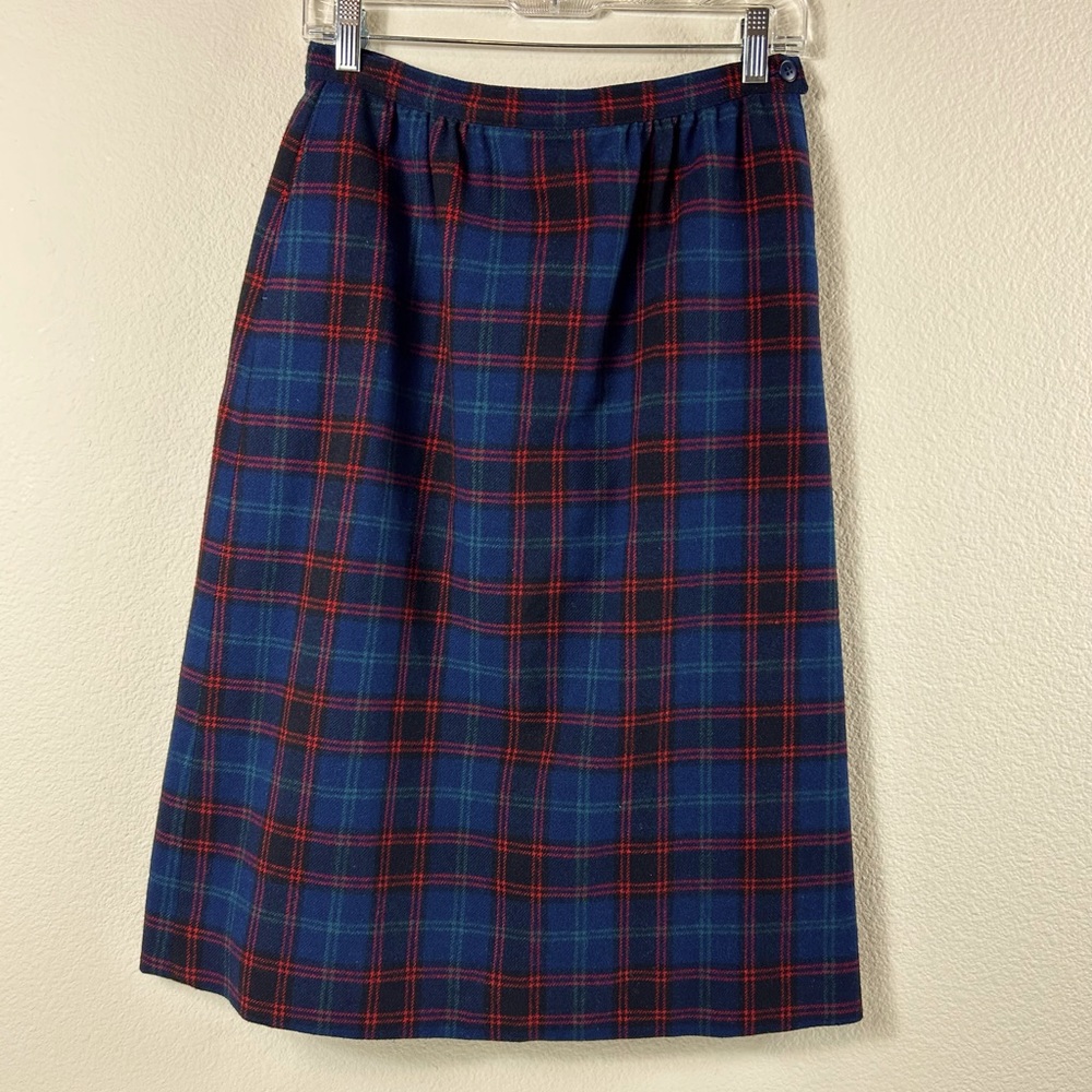 Vintage Pendleton Blue and Red Wool Plaid Skirt, Size 12